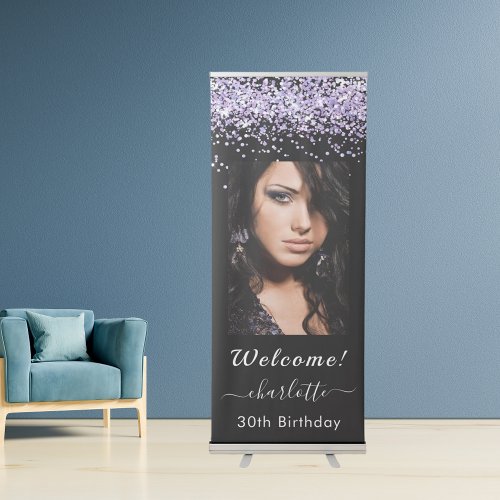 Birthday welcome black violet glitter photo retractable banner