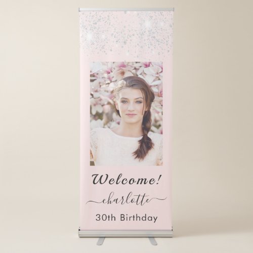 Birthday welcome blush pink silver glitter photo retractable banner