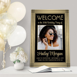 Birthday Welcome Elegant Black & Gold Border Photo Foam Board