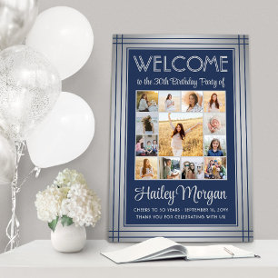 Birthday Welcome Elegant Photo Collage Navy Blue Foam Board