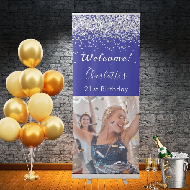 Birthday welcome navy blue silver photo retractable banner (Creator Uploaded)