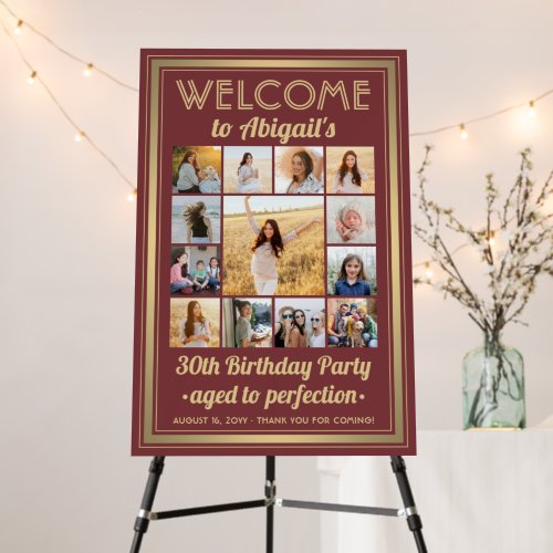 Birthday Welcome Photo Collage Burgundy and Gold Foam Board
