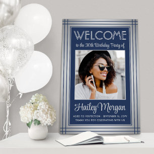 Birthday Welcome Photo Elegant Border Navy Blue Foam Board
