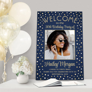 Birthday Welcome Photo Navy Blue and Gold Confetti Foam Board