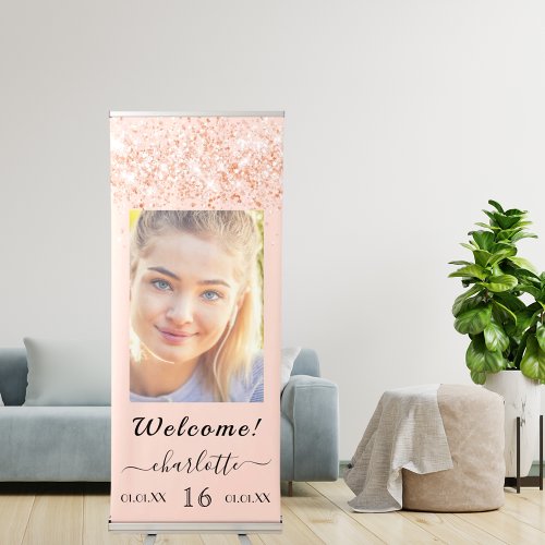 Birthday welcome rose gold glitter dust photo retractable banner