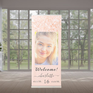 Birthday welcome rose gold glitter dust photo retractable banner