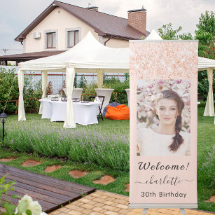 Birthday welcome rose gold photo retractable banner