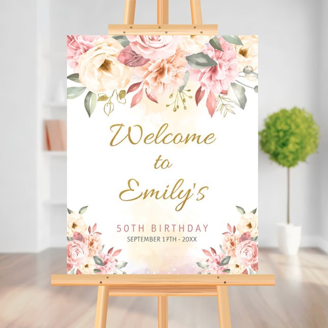 Birthday Welcome Sign. Gold Pink Greenery Botanica Foam Board (Creator Uploaded)