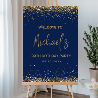 Birthday Welcome Sign Template, Navy Blue & Gold 