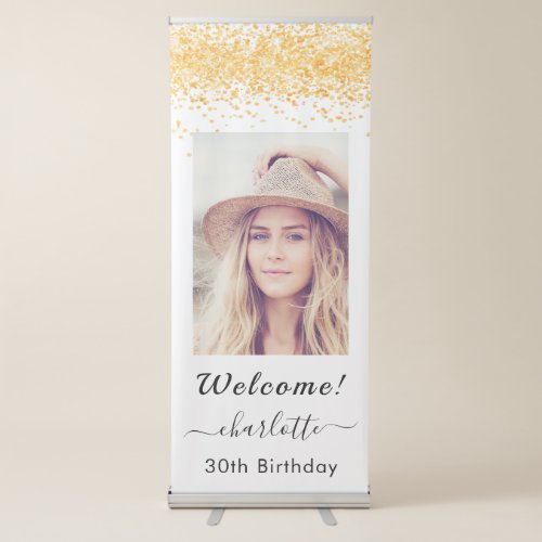 Birthday welcome white gold glitter photo retractable banner