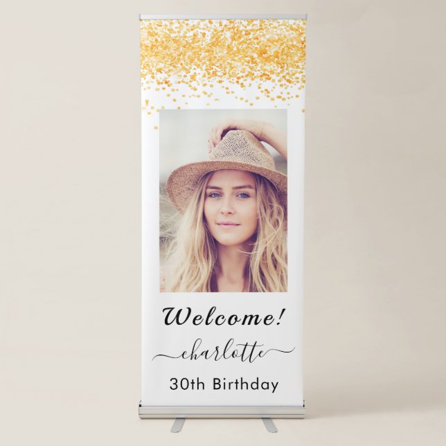 Birthday welcome white gold glitter photo retractable banner (Front)