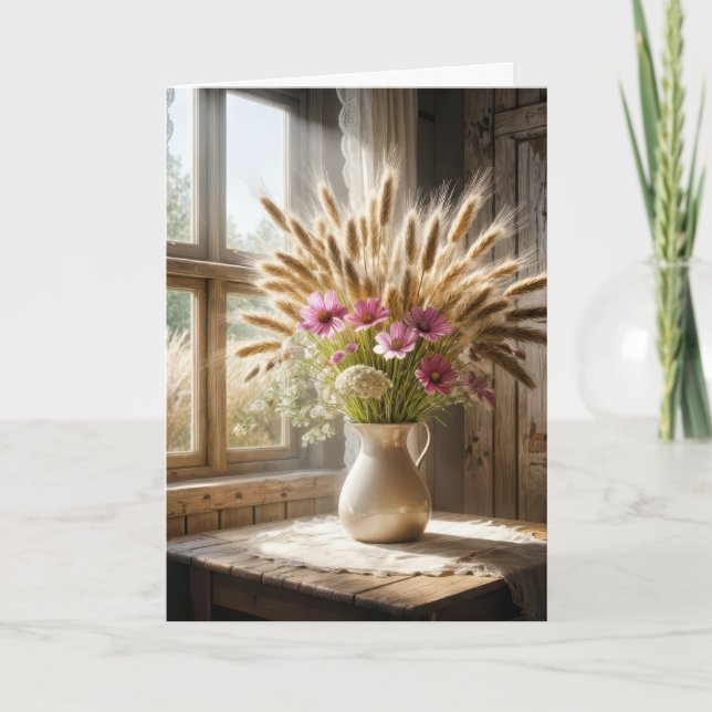 Birthday Wheat Stalk Wildflower Bouquet Card (Front)