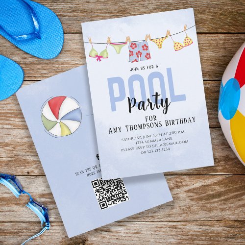 Birthday Whimsical Pool Party QR Code Social Media Invitation
