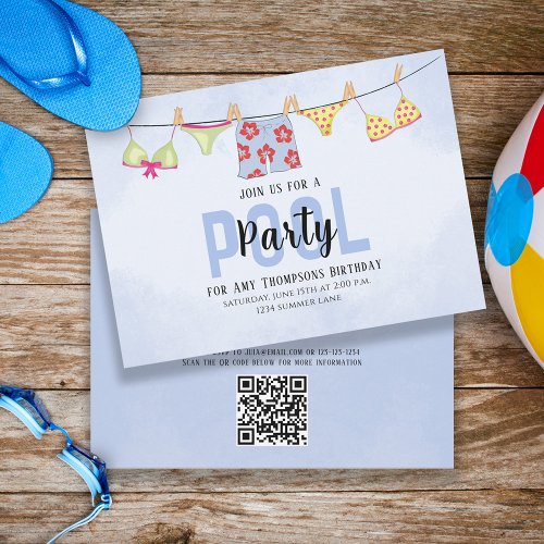 Birthday Whimsical Pool Party Swimsuits QR Code Invitation