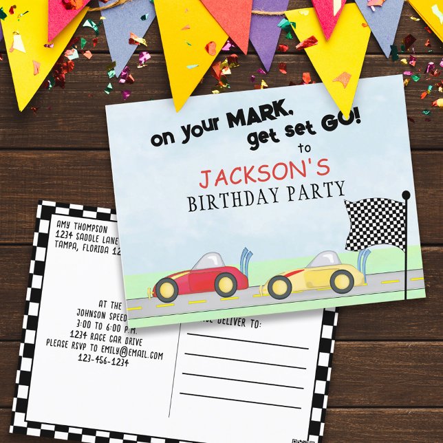 Birthday Whimsical Race Cars Track Checkered Flag Postcard (Creator Uploaded)