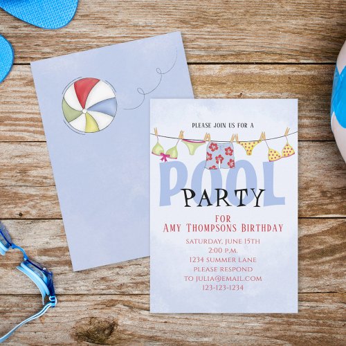 Birthday Whimsical Summer Pool Party Fun Swimsuits Invitation