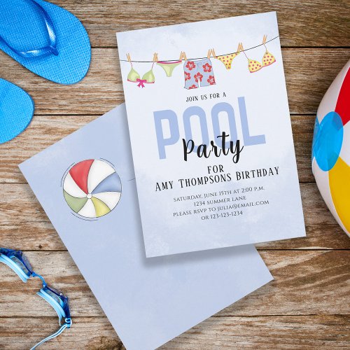 Birthday Whimsical Summer Pool Party Fun Swimsuits Invitation