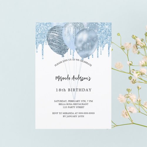Birthday white blue balloons glitter drips luxury invitation