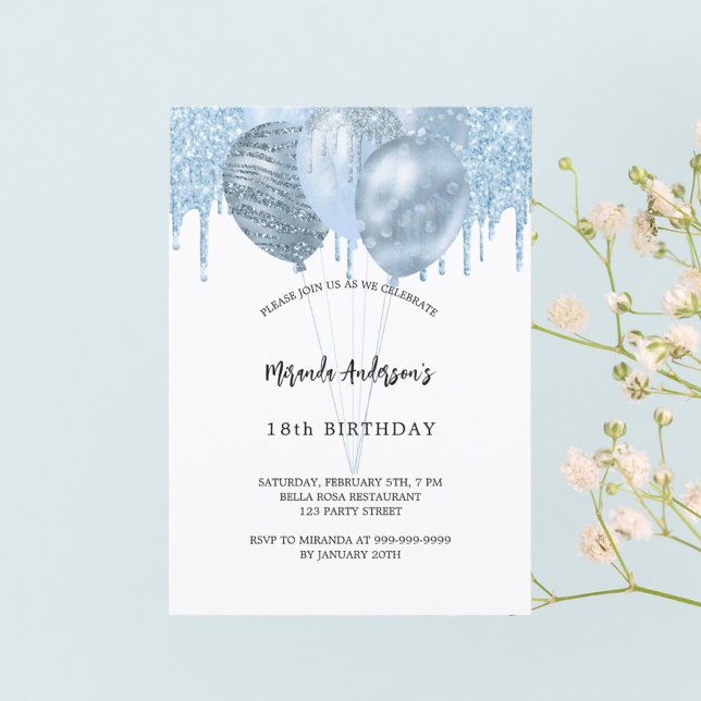Birthday white blue balloons glitter drips luxury invitation (Creator Uploaded)