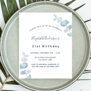 Birthday white blue eucalyptus budget invitation