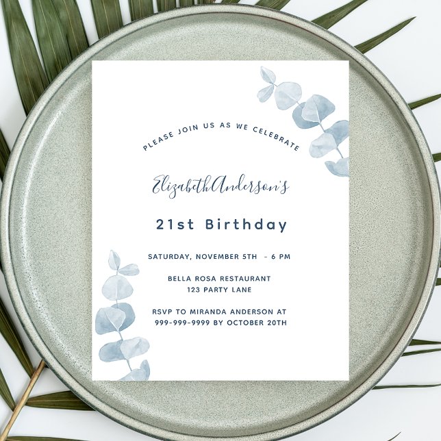 Birthday white blue eucalyptus budget invitation (Creator Uploaded)