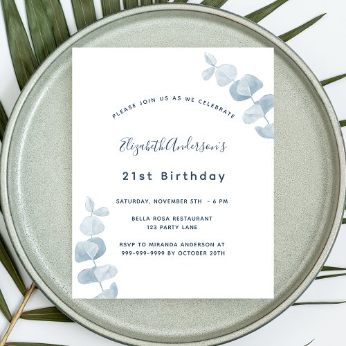 Birthday white blue eucalyptus budget invitation flyer