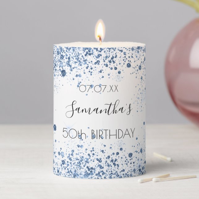 Birthday white blue glitter name elegant pillar candle (In Situ)