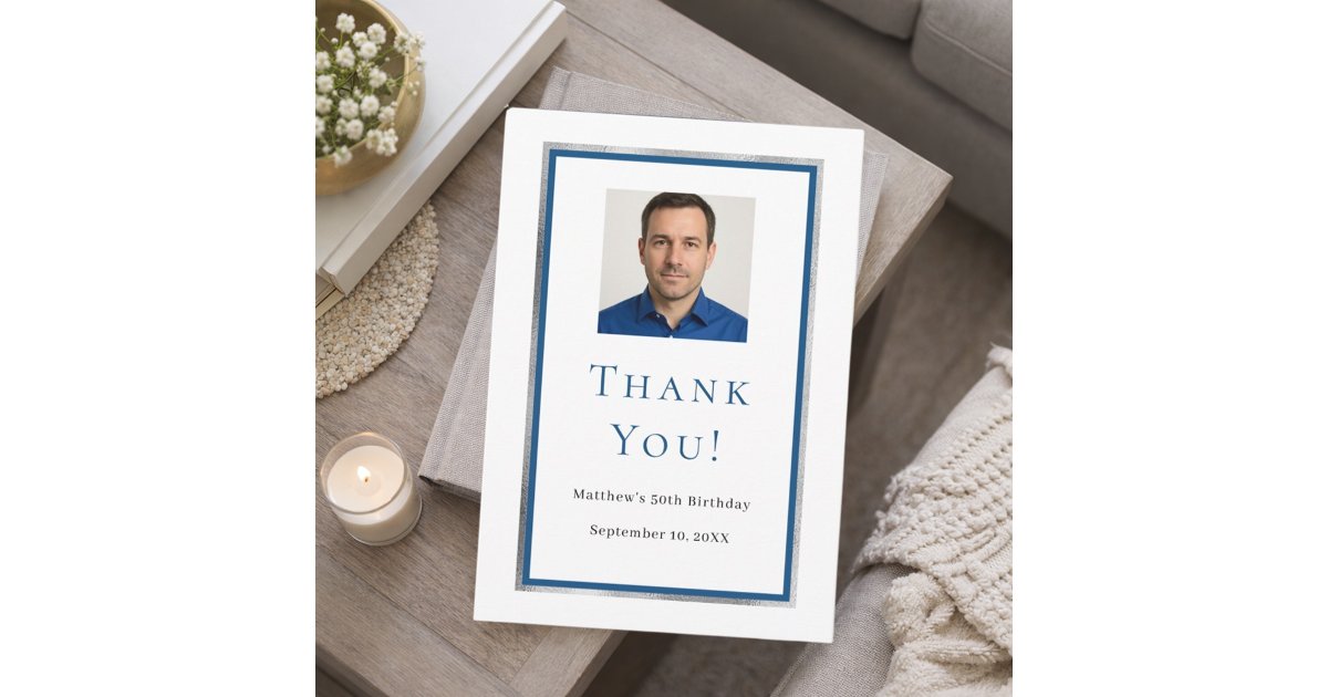 Birthday white blue photo thank you card | Zazzle