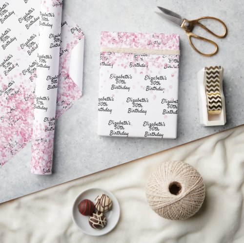 Birthday white blush pink glitter name wrapping paper