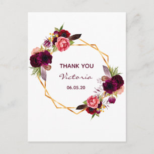 Birthday white burgundy floral gold thank you postcard