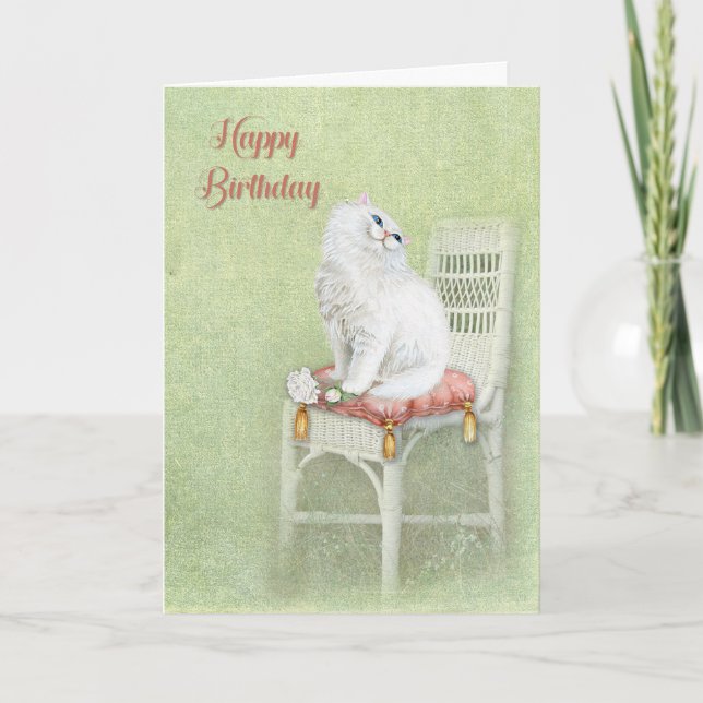 birthday white cat and roses on pillow card (Front)