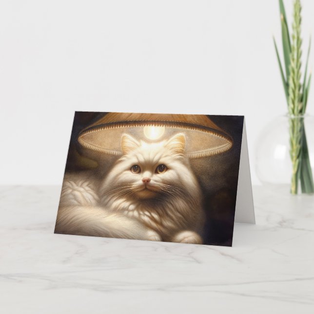 Birthday White Cat Sitting In Warm Lamplight Card (Front)