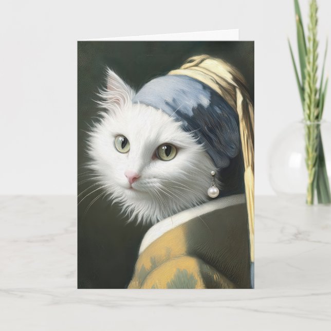 Birthday White Cat With a Pearl Earring Painting Card (Front)