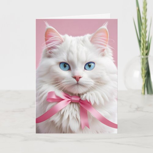 Birthday White Cat With Bow Card