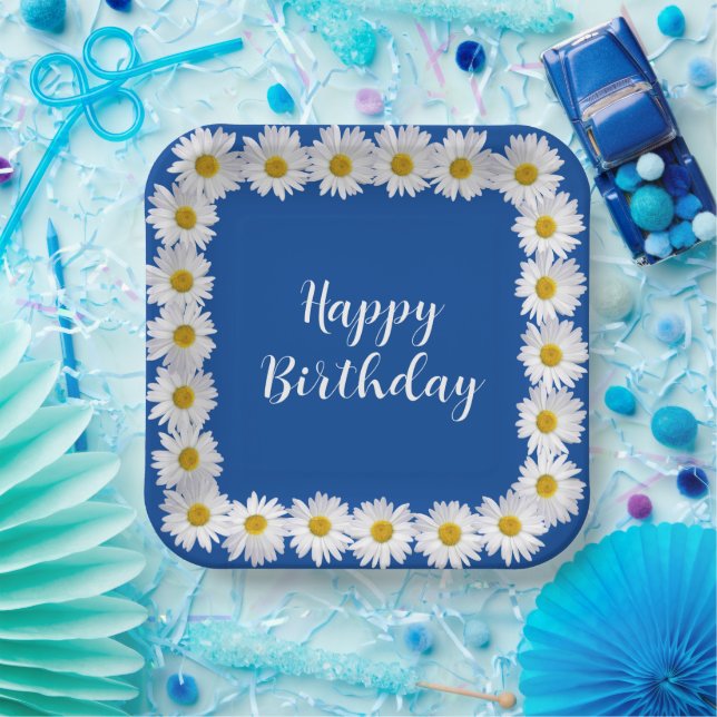 Birthday White Daisy Border On Blue Paper Plates (Party)