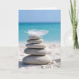Birthday White Feather on a Beach Cairn with Quote Card