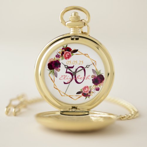 Birthday white florals gold geometric pocket watch