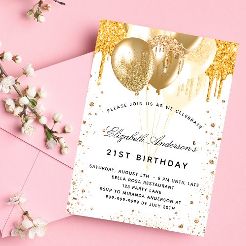 Birthday white gold balloons glitter drips invitation postcard