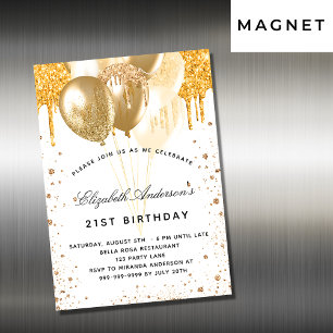 Birthday white gold balloons glitter drips luxury magnetic invitation