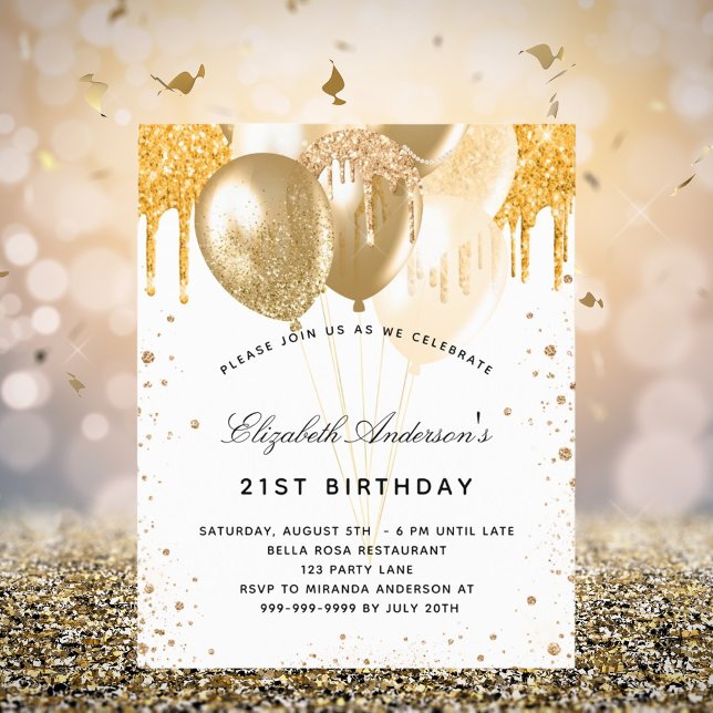 Birthday white gold balloons invitation (Creator Uploaded)