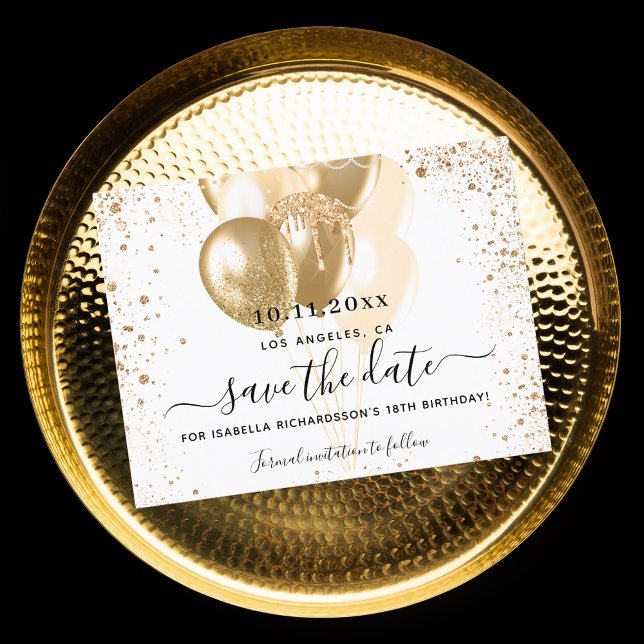 Birthday white gold balloons save the date announcement postcard (Creator Uploaded)