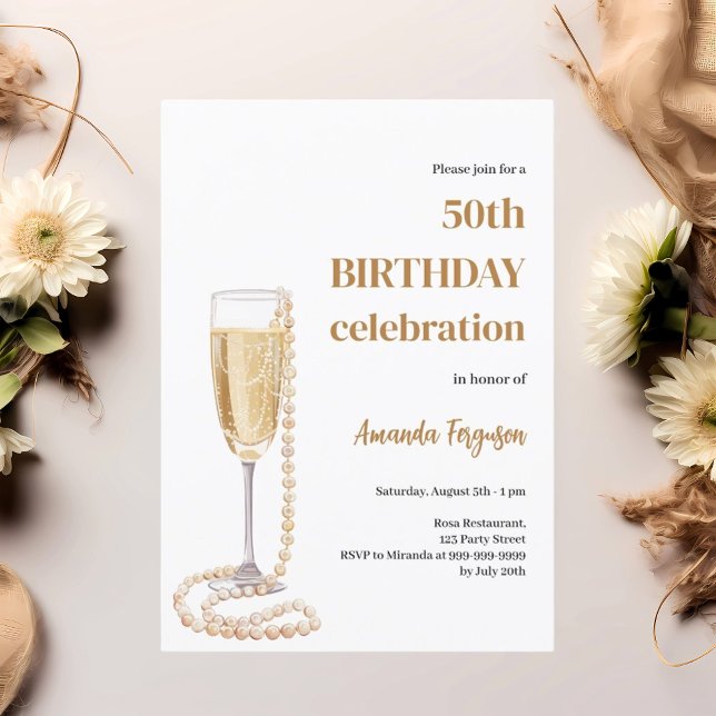 Birthday white gold bubbly wine pearls invitation (Creator Uploaded)