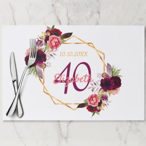 Birthday white gold burgundy floral paper placemat