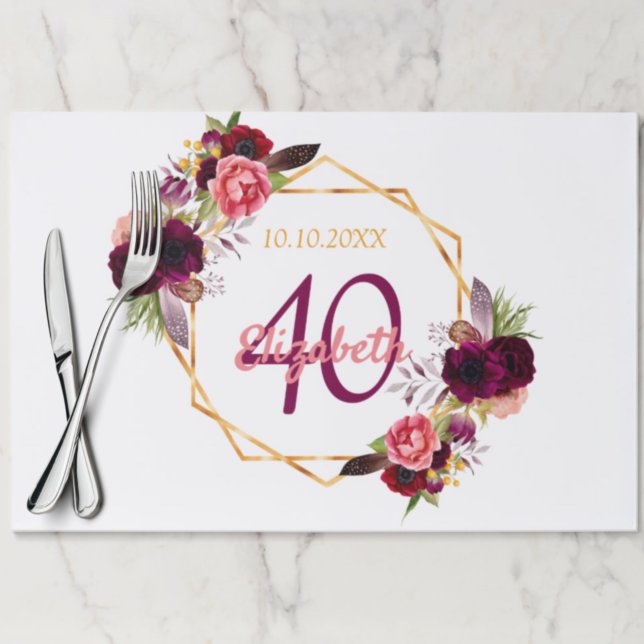 Birthday white gold burgundy floral paper placemat (Creator Uploaded)