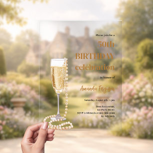 Birthday white gold champagne pearls clear acrylic invitations