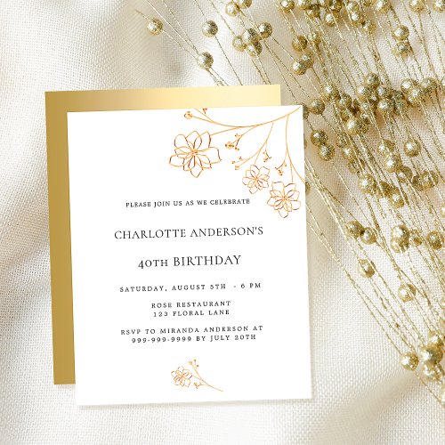 Birthday white gold floral budget invitation