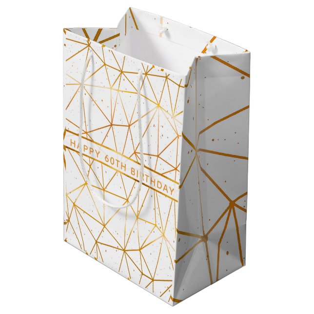 Birthday white gold geometric modern medium gift bag (Back Angled)