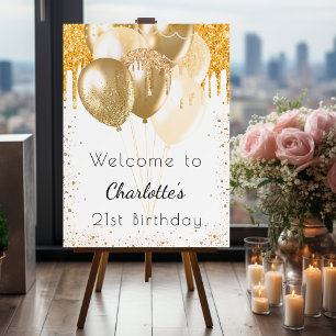 Birthday white gold glitter balloons welcome foam board