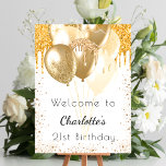 Birthday white gold glitter balloons welcome poster<br><div class="desc">A welcome poster for a girly and glamorous 21st (or any age) birthday party.  A white background decorated faux gold glitter drips,  paint dripping look,   balloons.  Personalize and add a name and age. 
Back: no design</div>