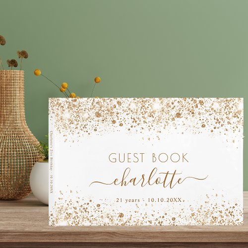 Birthday white gold glitter dust monogram  guest book